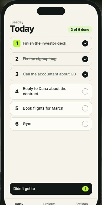 Valuist Today screen: six ranked tasks, three done